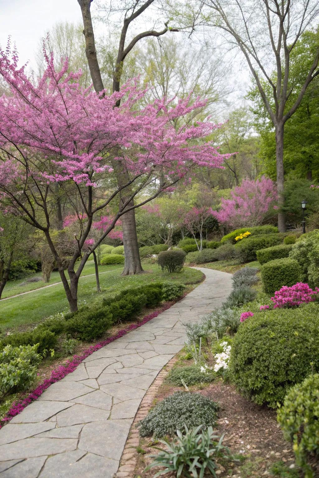A small redbud tree adds shade and vertical interest.