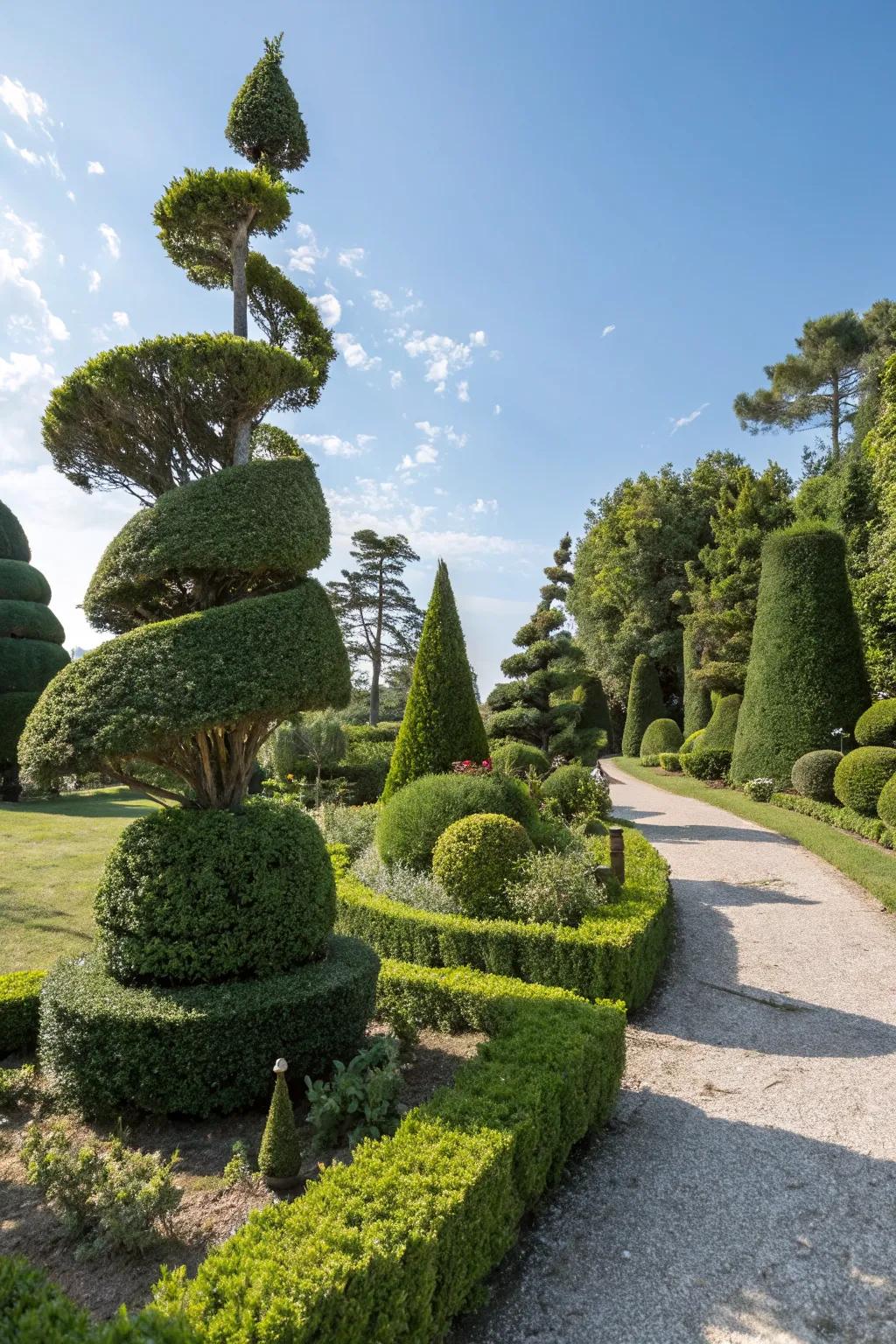 Artistic topiary shapes created from boxwoods.