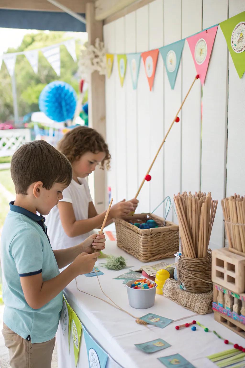 A DIY fishing rod craft station for kids.