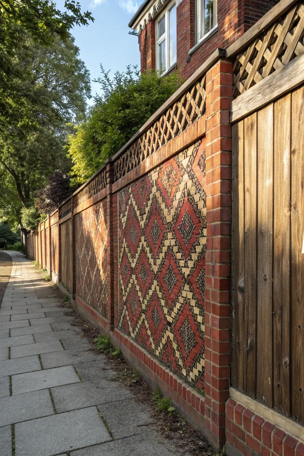 An intriguing patterned fence design with brick and wood