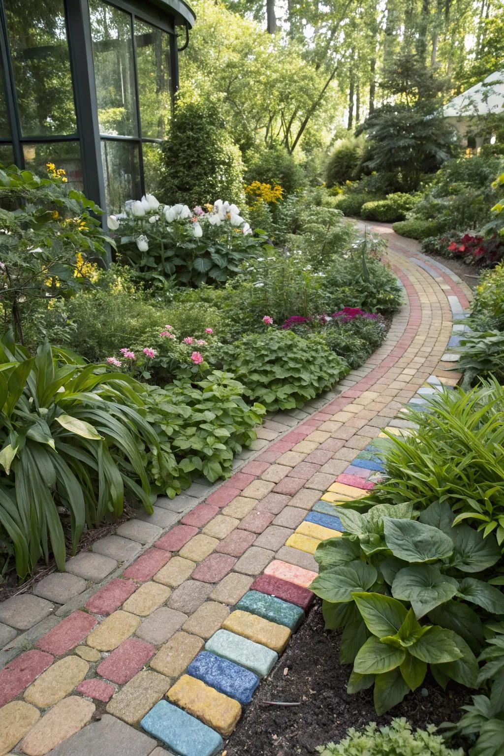 Color contrasts with bricks make gardens pop.
