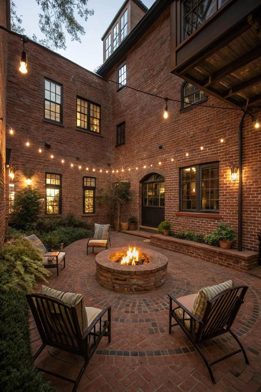 A fire pit serves as a cozy gathering spot in the courtyard.