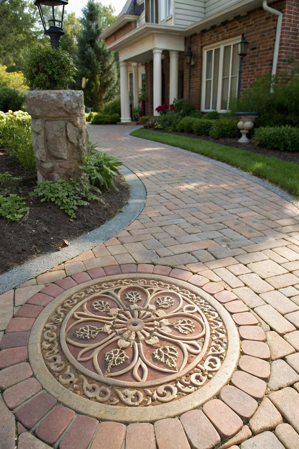 Artistic medallion adding flair to a brick driveway.