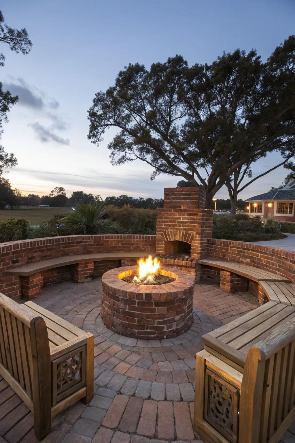 Gather around the perfect blend of warmth and craftsmanship: a brick fire pit with built-in seating.