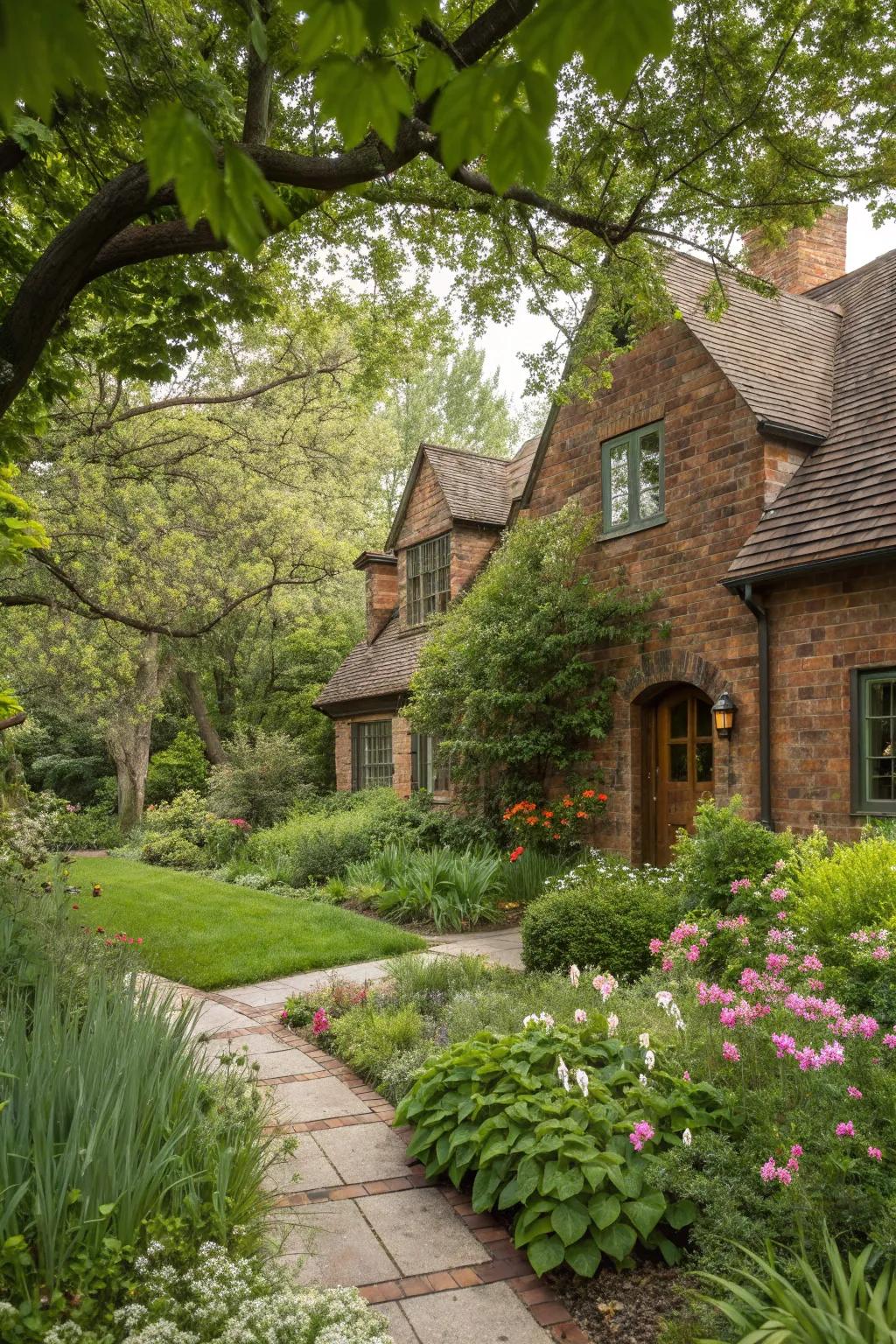 A home with brown brick walls creating a warm, inviting atmosphere.