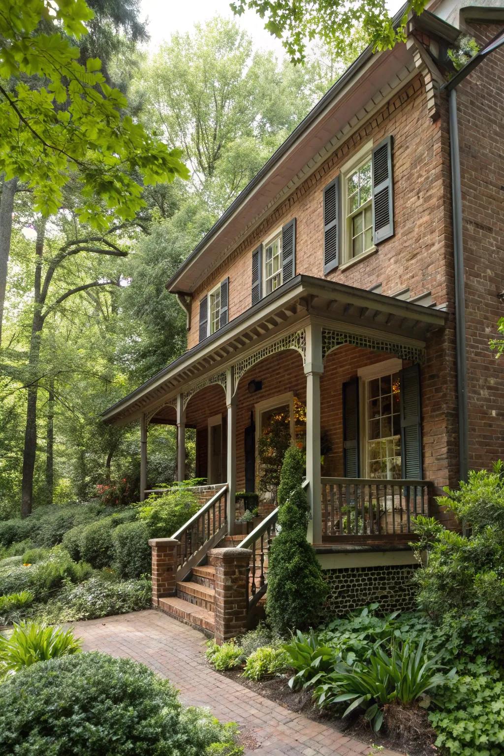 Wood accents bring warmth and character to a brick facade.