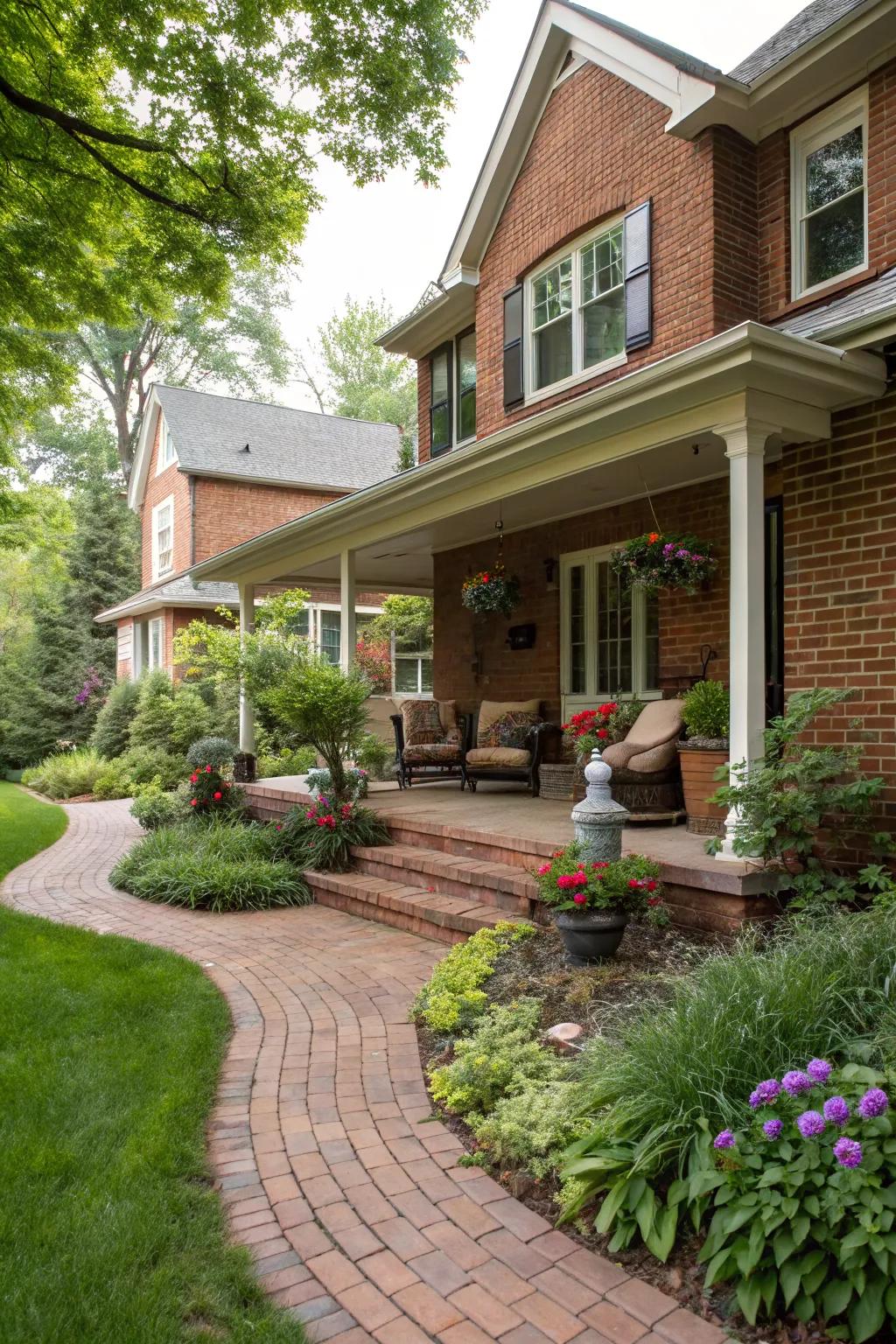 A cozy front porch adds charm and hospitality to any brick home.