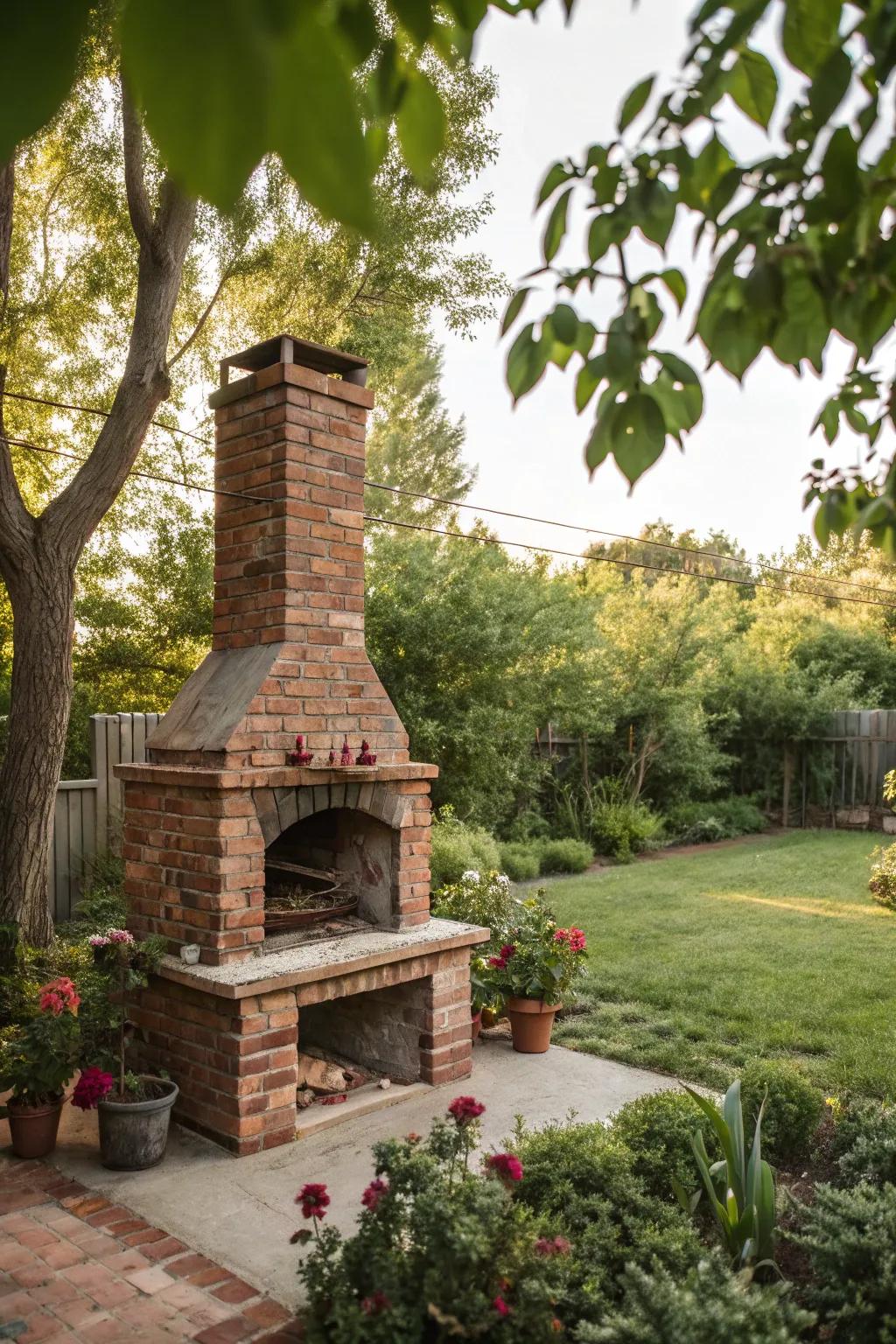 A freestanding brick fireplace provides a flexible design option.