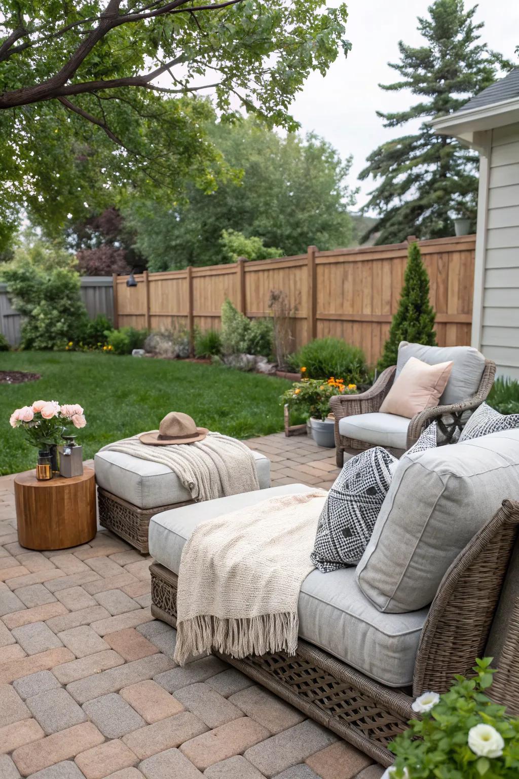 Unwind in a relaxing lounge area with brick pavers.