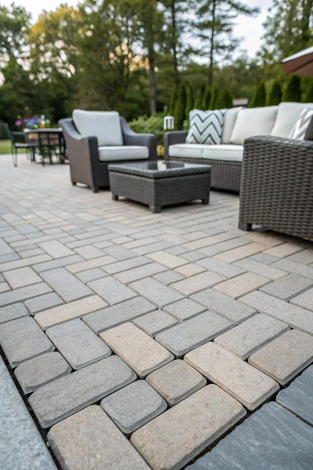 A sleek patio featuring a stack bond brick paver pattern and modern outdoor furniture.
