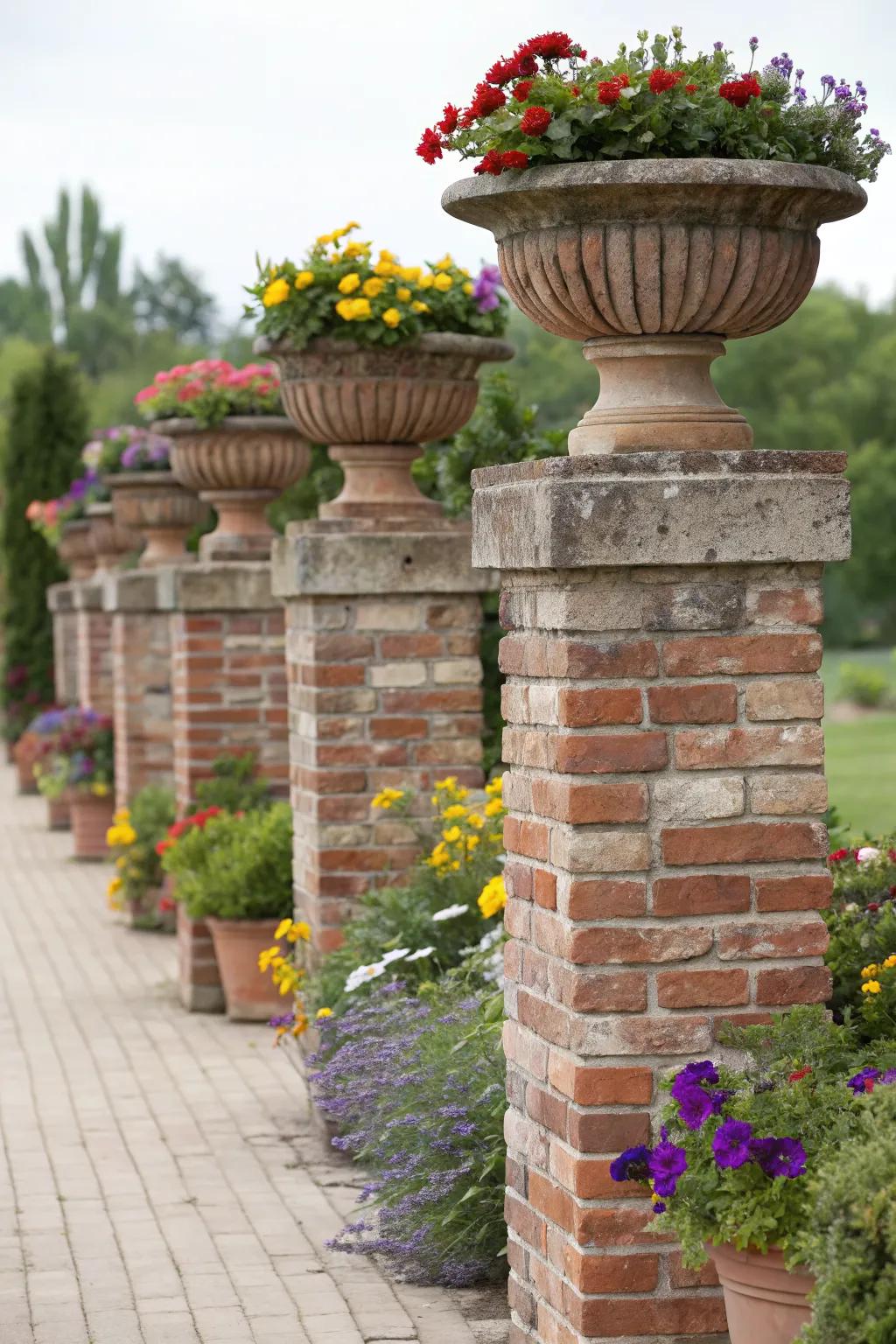 Brick pillars with integrated planters, showcasing vibrant flowers.