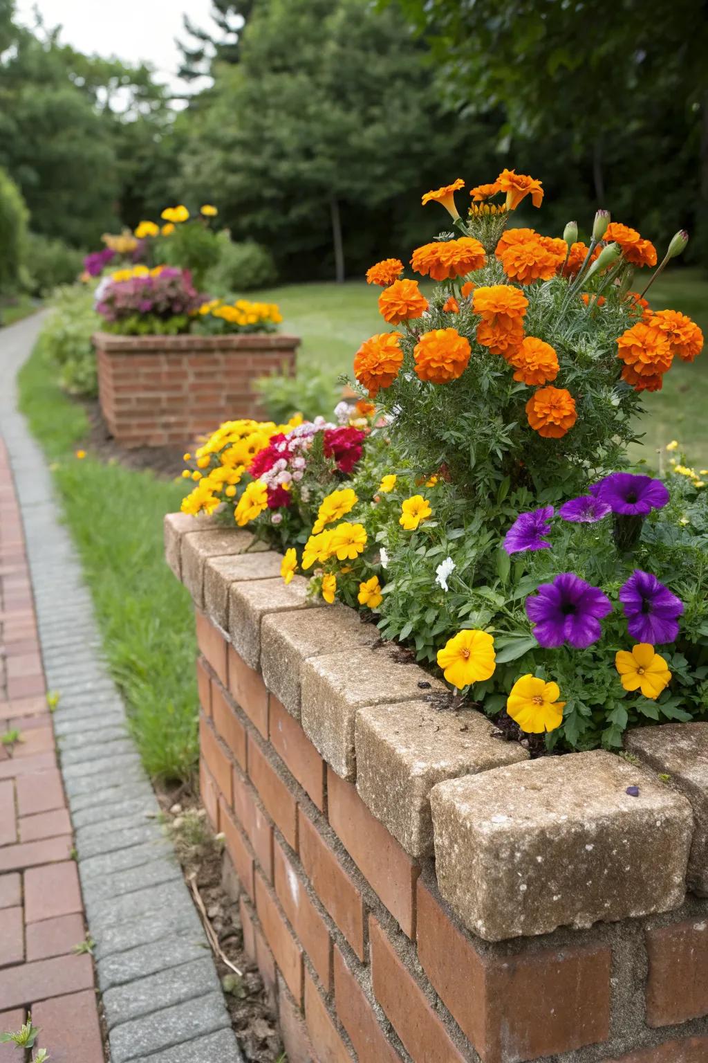 A brick planter box bursting with colorful flowers.