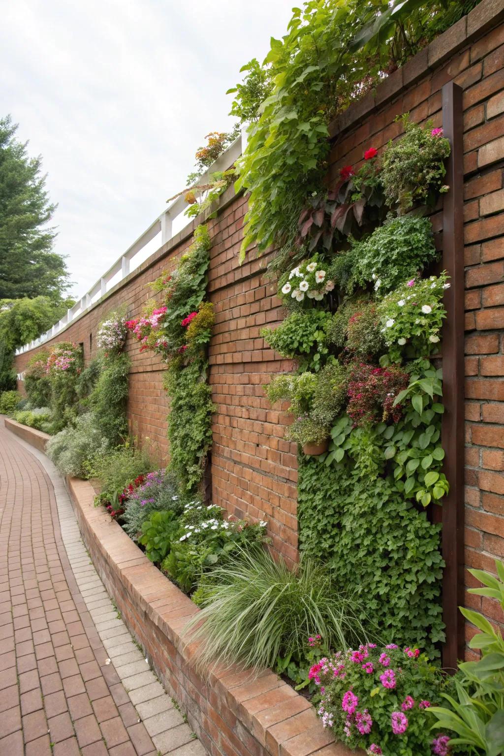 A brick planter wall showcasing a lush vertical garden.