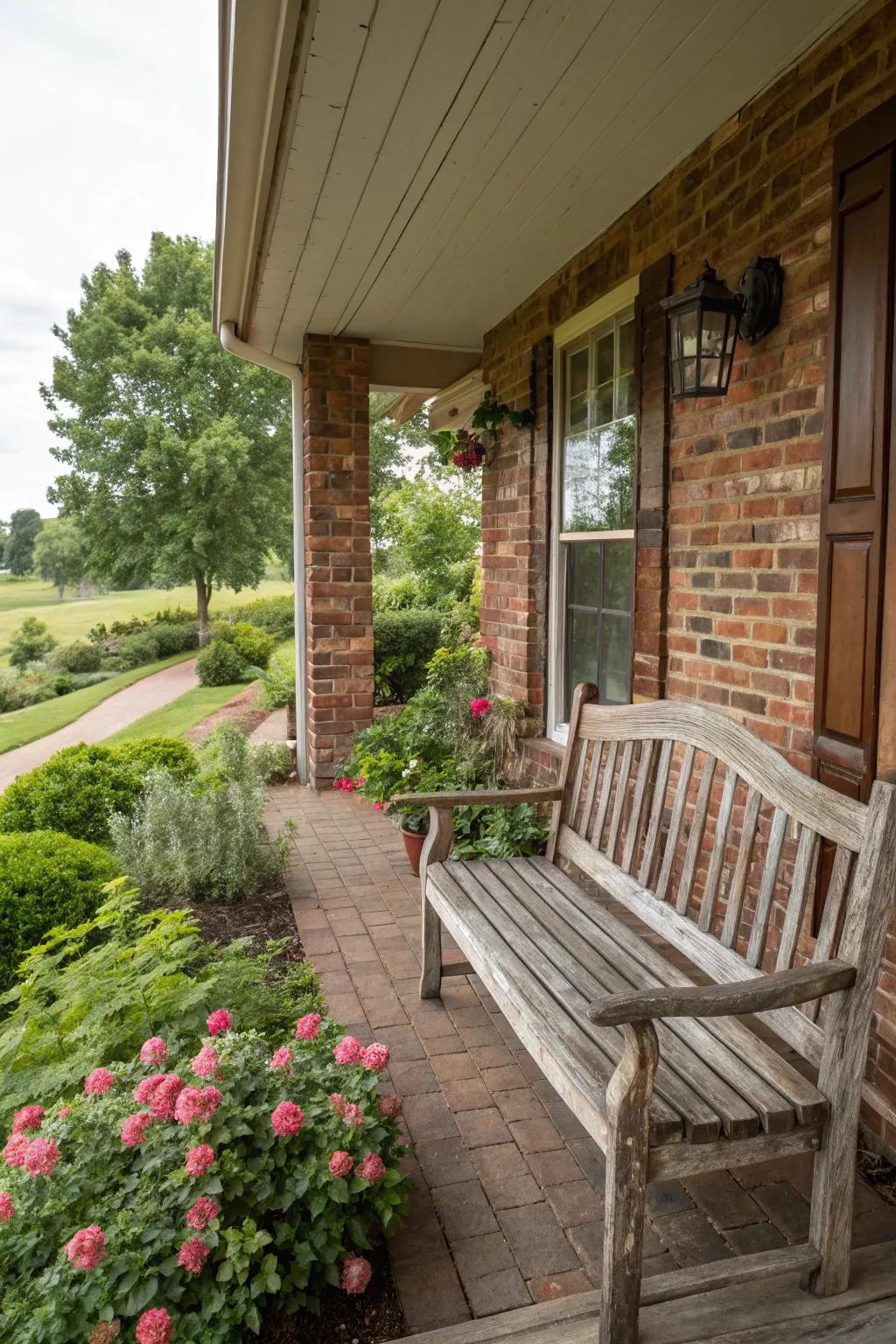 A rustic wooden bench adds country charm to the porch.