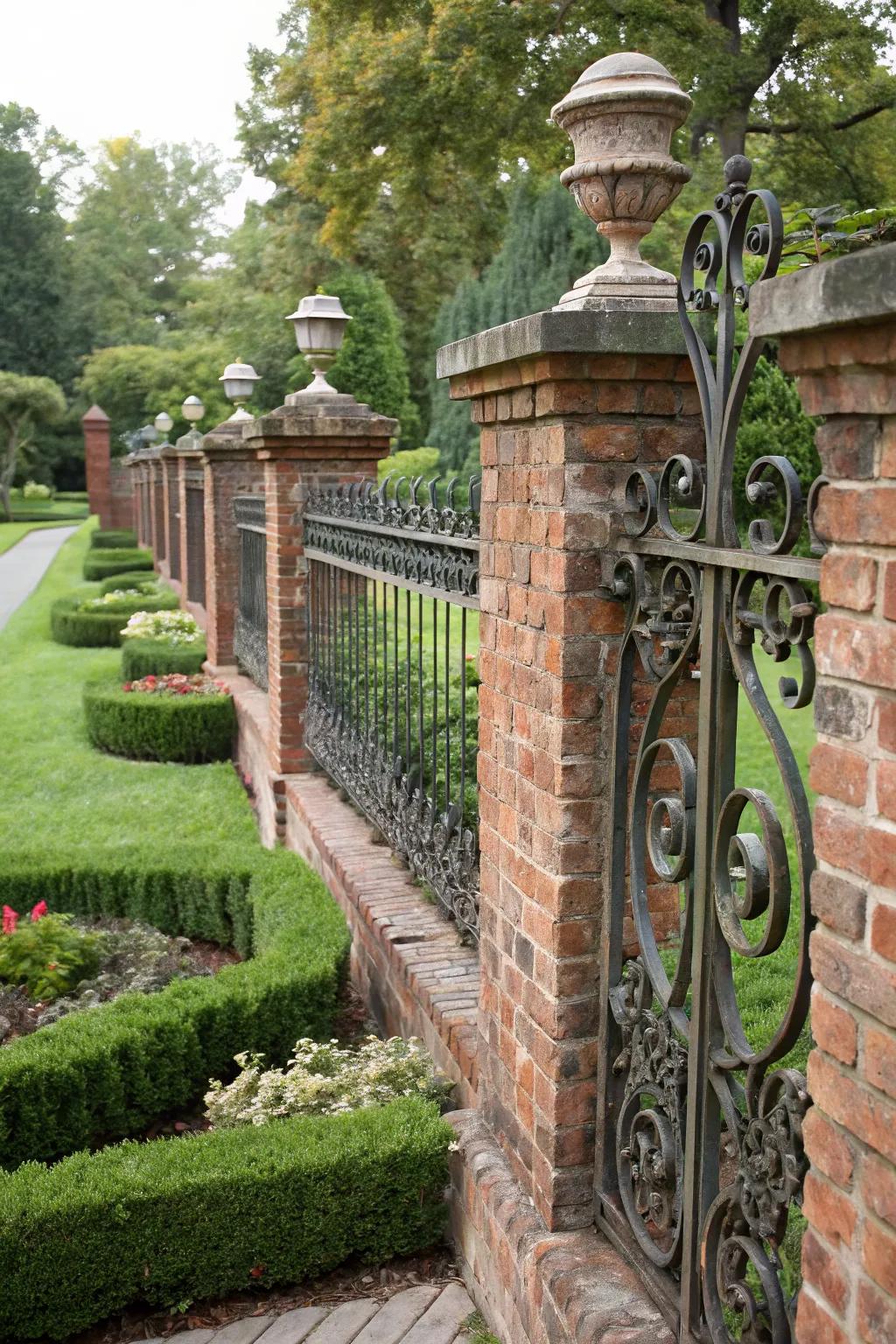 Add elegance with ornamental iron accents on a brick fence.