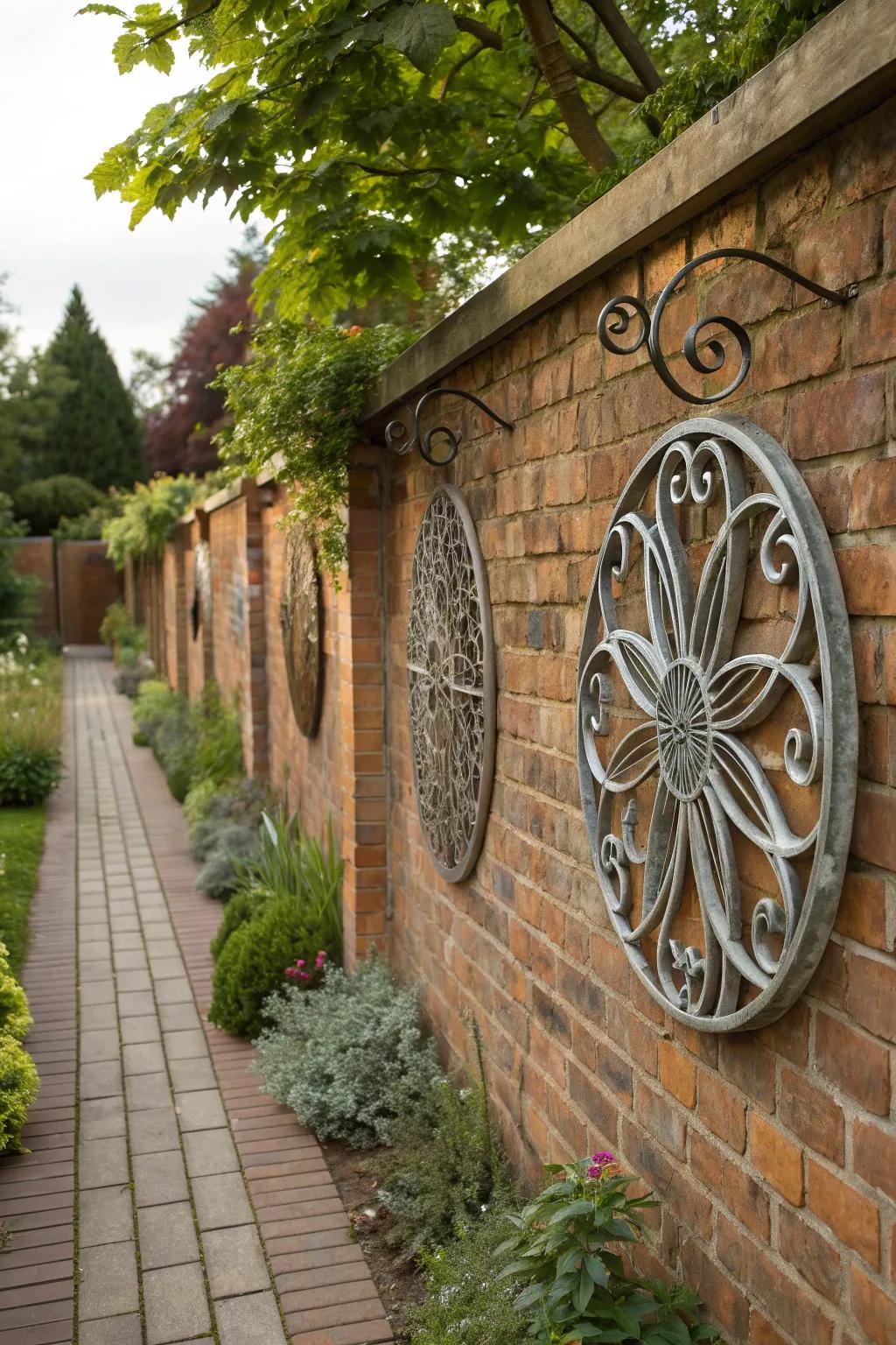 Metal art adds character to a brick wall.