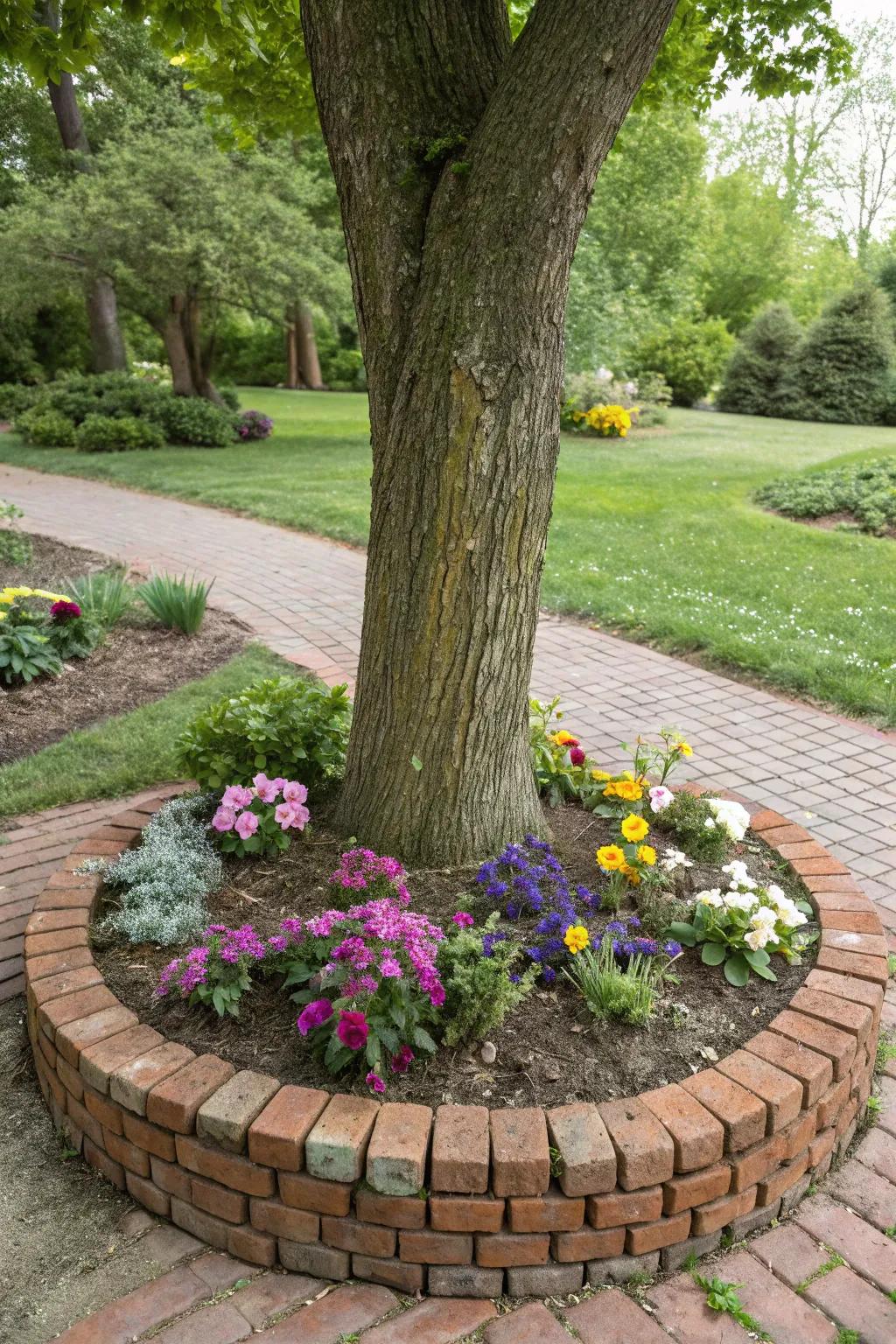 Brick rings with flower beds create a colorful and appealing garden feature.