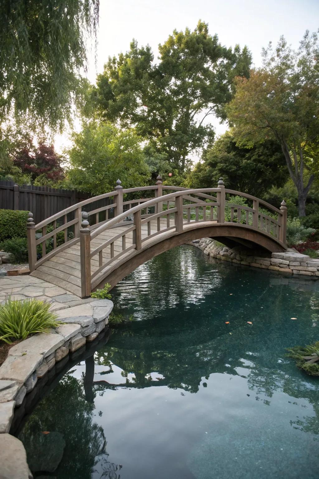 A mesmerizing floating bridge over a backyard pond.