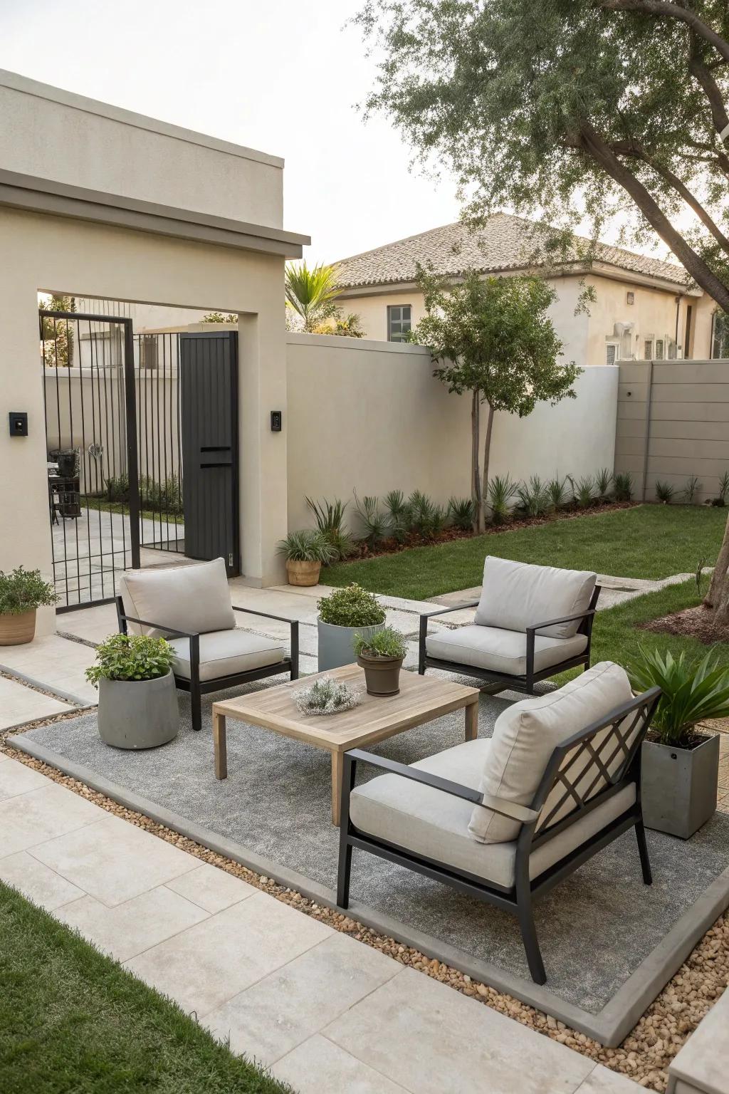 Urban minimalism creates a sleek, modern backyard aesthetic.