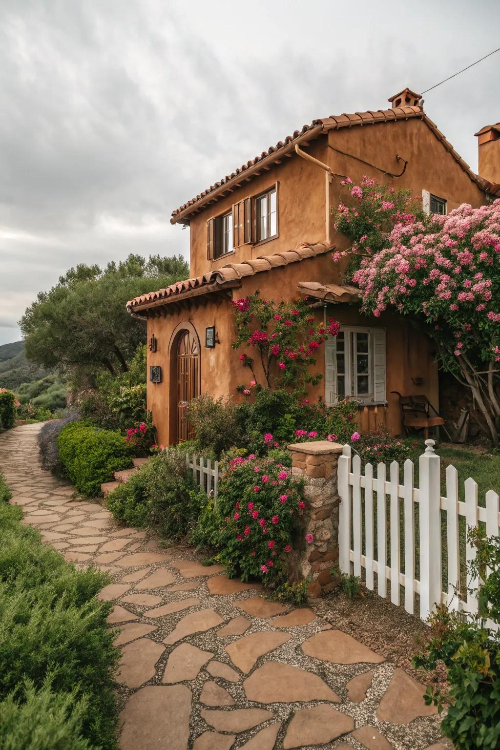 Warm brown stucco paired with terracotta tiles for a Mediterranean vibe.
