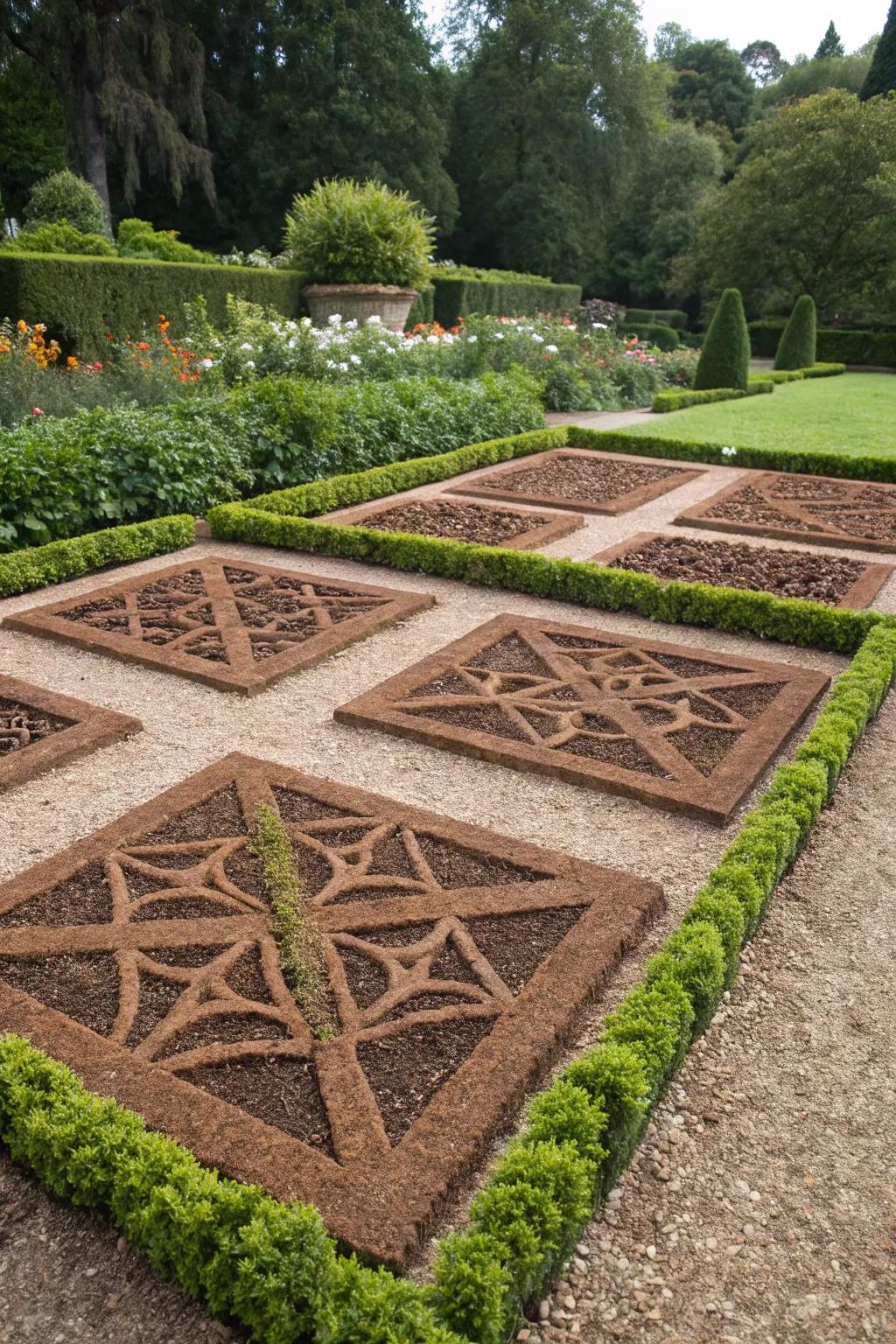 Decorative patterns in a garden with brown mulch.
