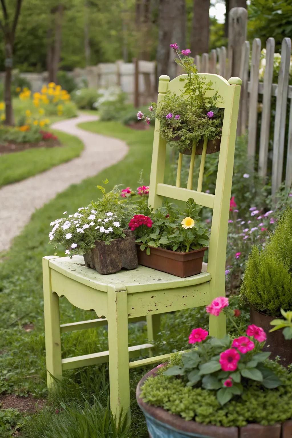 Upcycled chair planters combine seating with garden beauty.