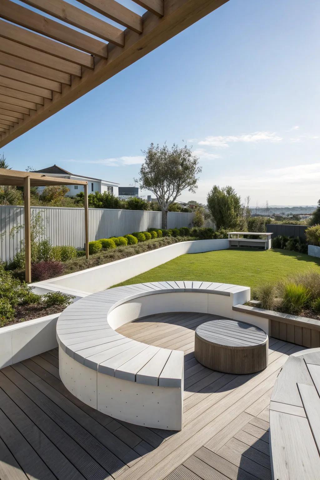 Geometric shapes add a modern touch to deck seating.