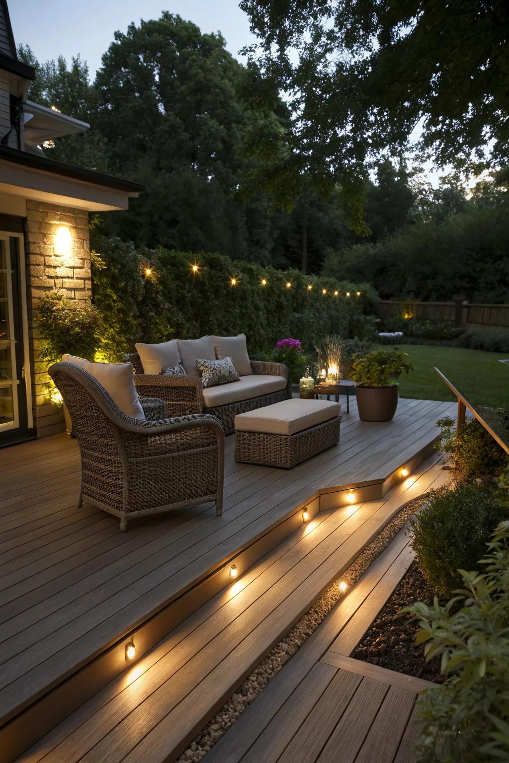 Integrated lighting adds a warm and inviting glow to deck seating.