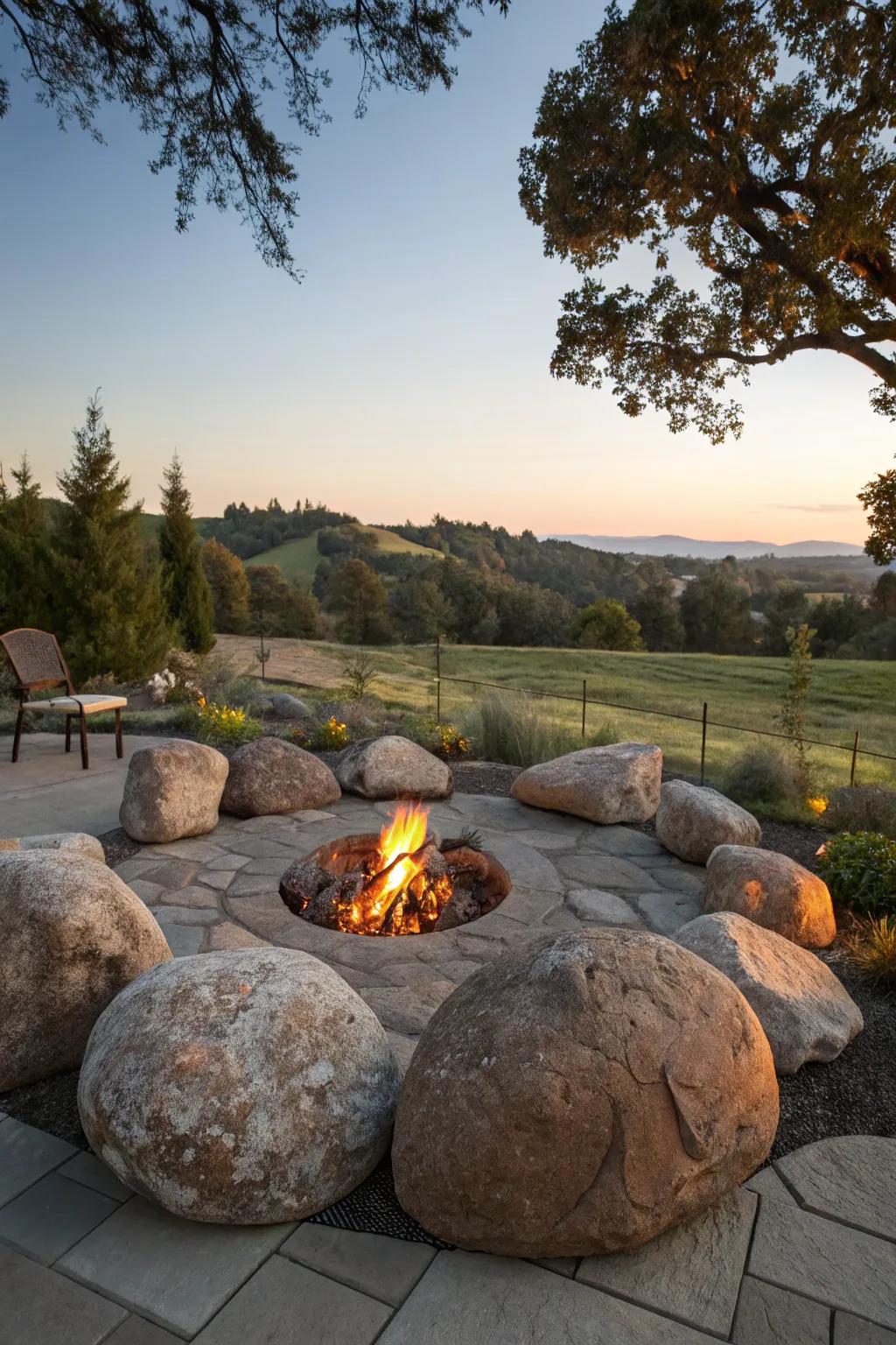 A cozy fire pit area defined with bull rocks, perfect for outdoor gatherings.