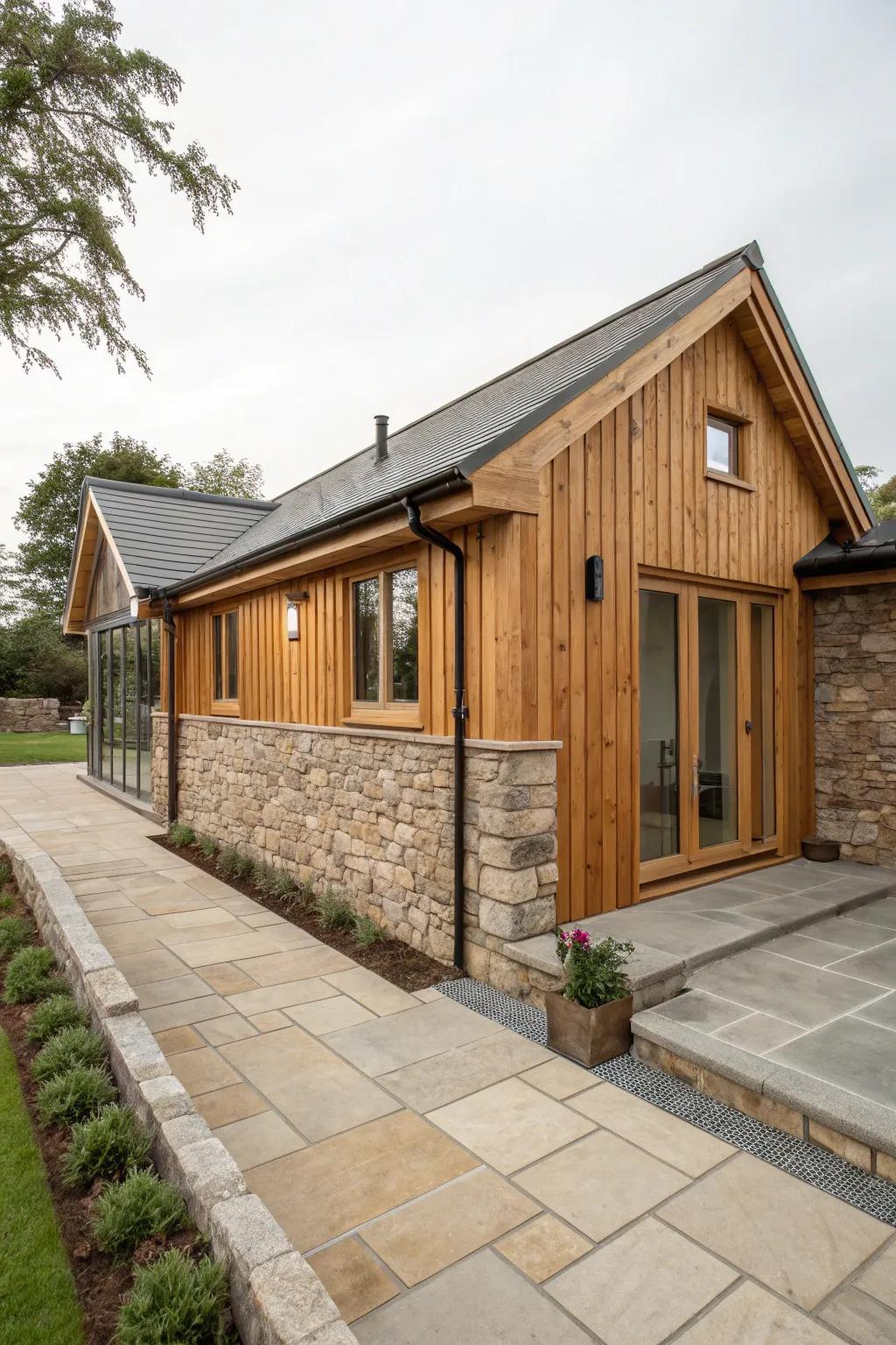 A bungalow extension featuring natural wood and stone elements.