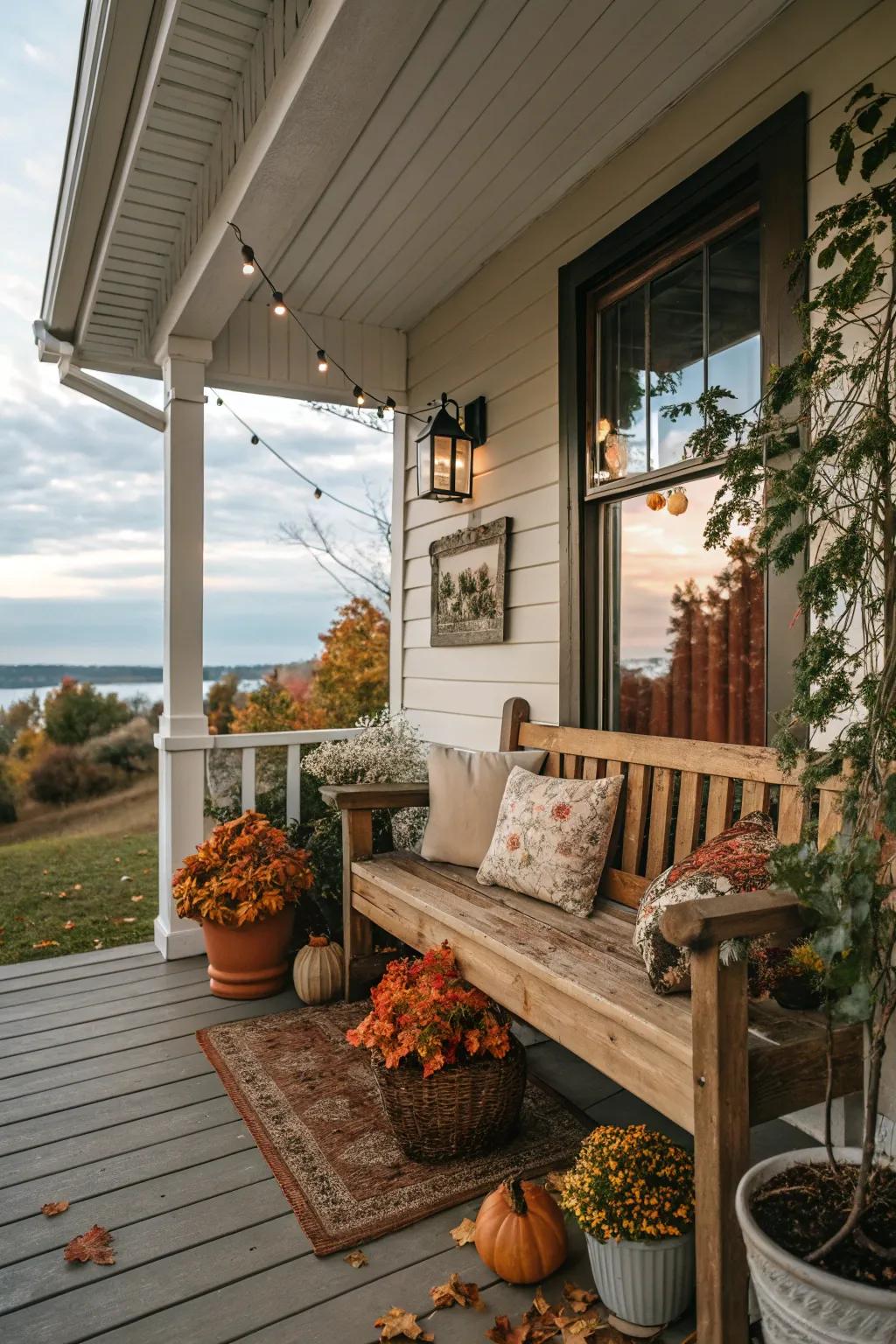 A rustic wooden bench adds charm and functionality to the porch.
