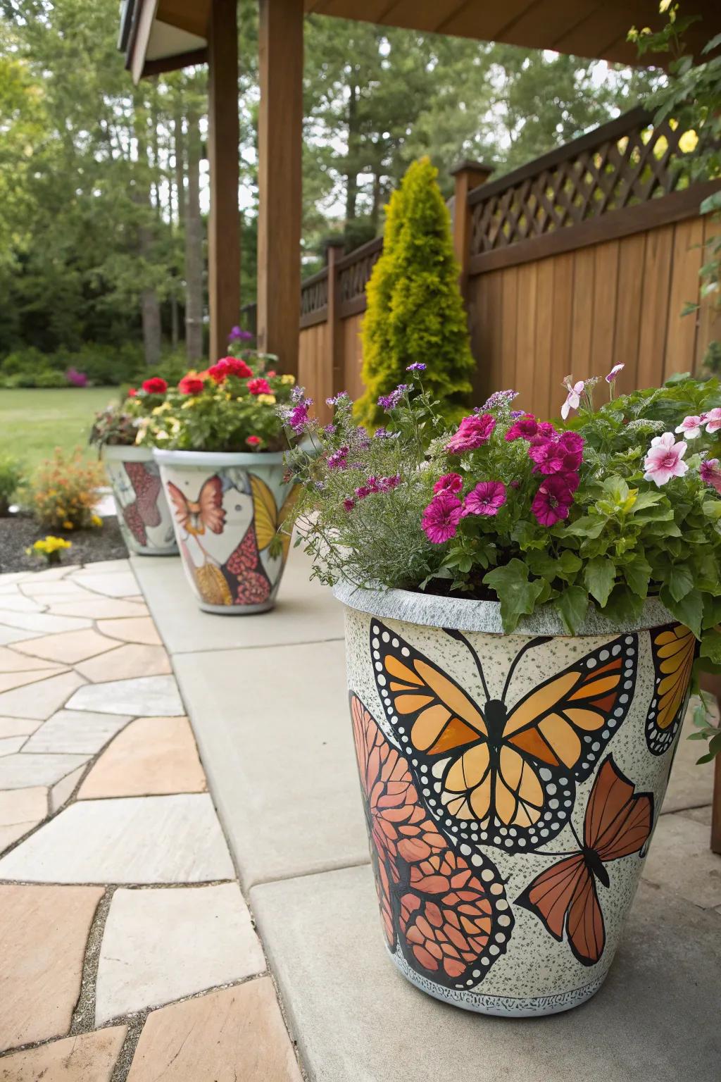 Add charm to your patio with butterfly-themed planters.