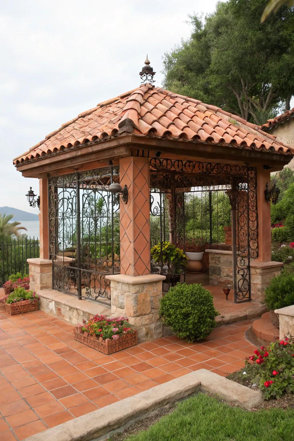 A Mediterranean-style cabana featuring terracotta tiles and wrought iron details.