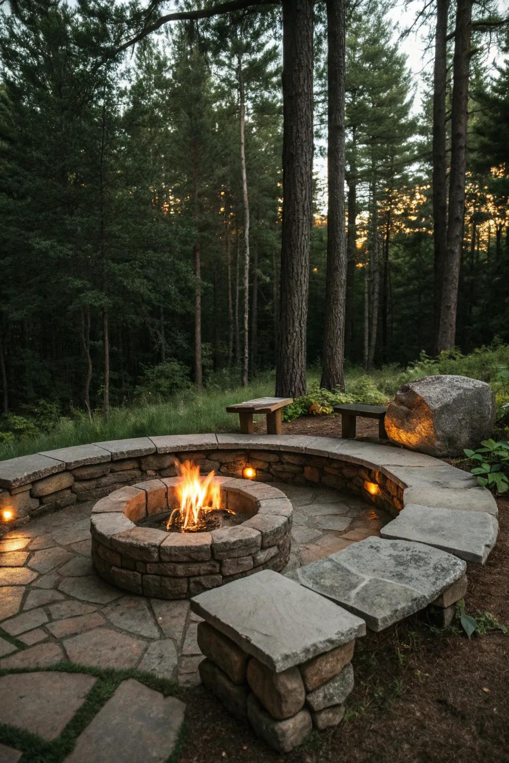 Natural stone benches offering rustic charm and comfort.