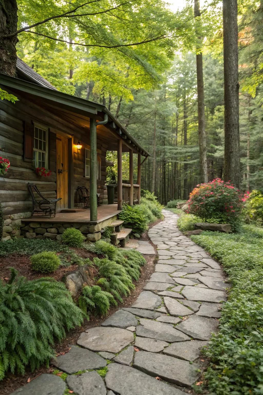 A stone pathway adds rustic charm.