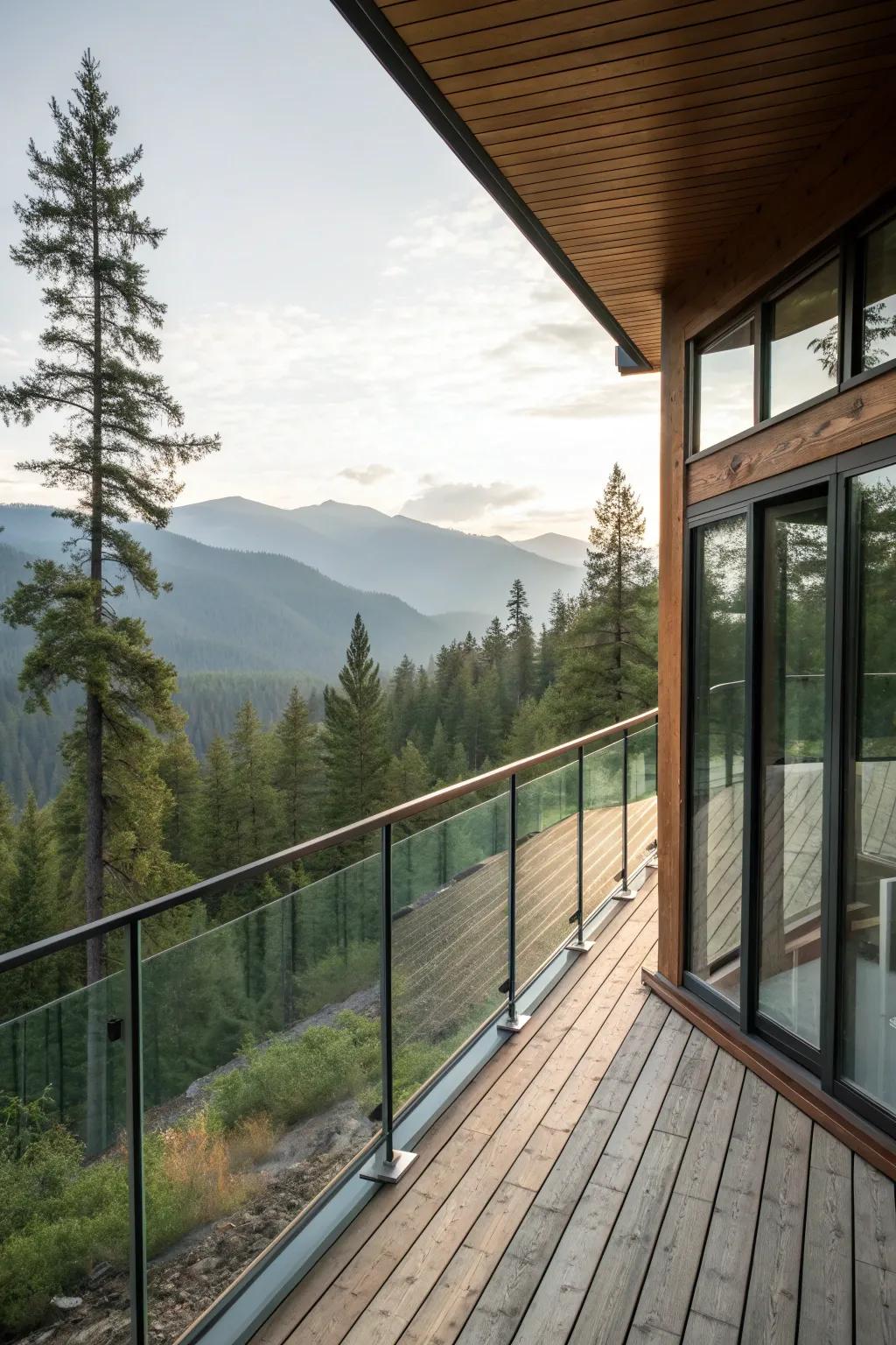 Glass panel railings on a cabin deck, providing clear views of the landscape.