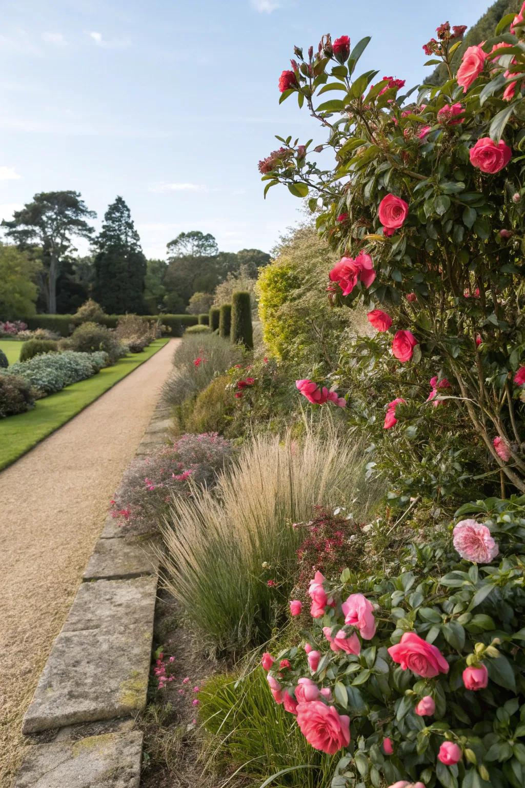 Camellias in mixed borders create a vibrant tapestry of colors.