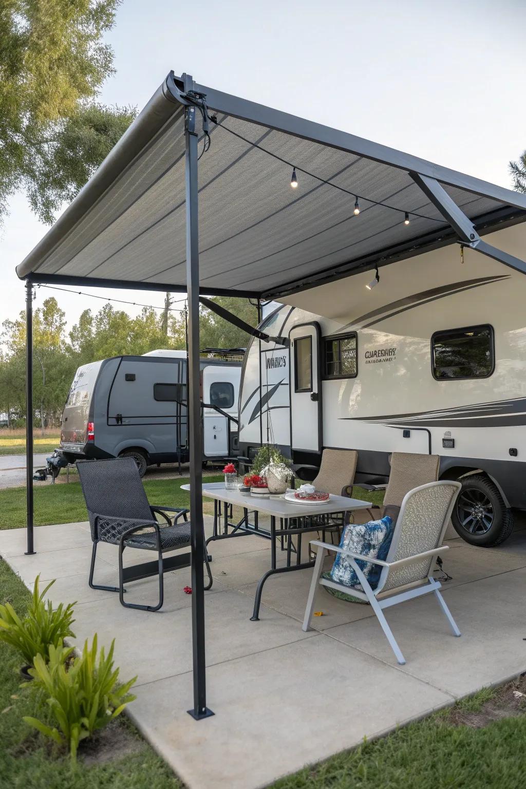 Stay comfortable under a protective shade canopy.