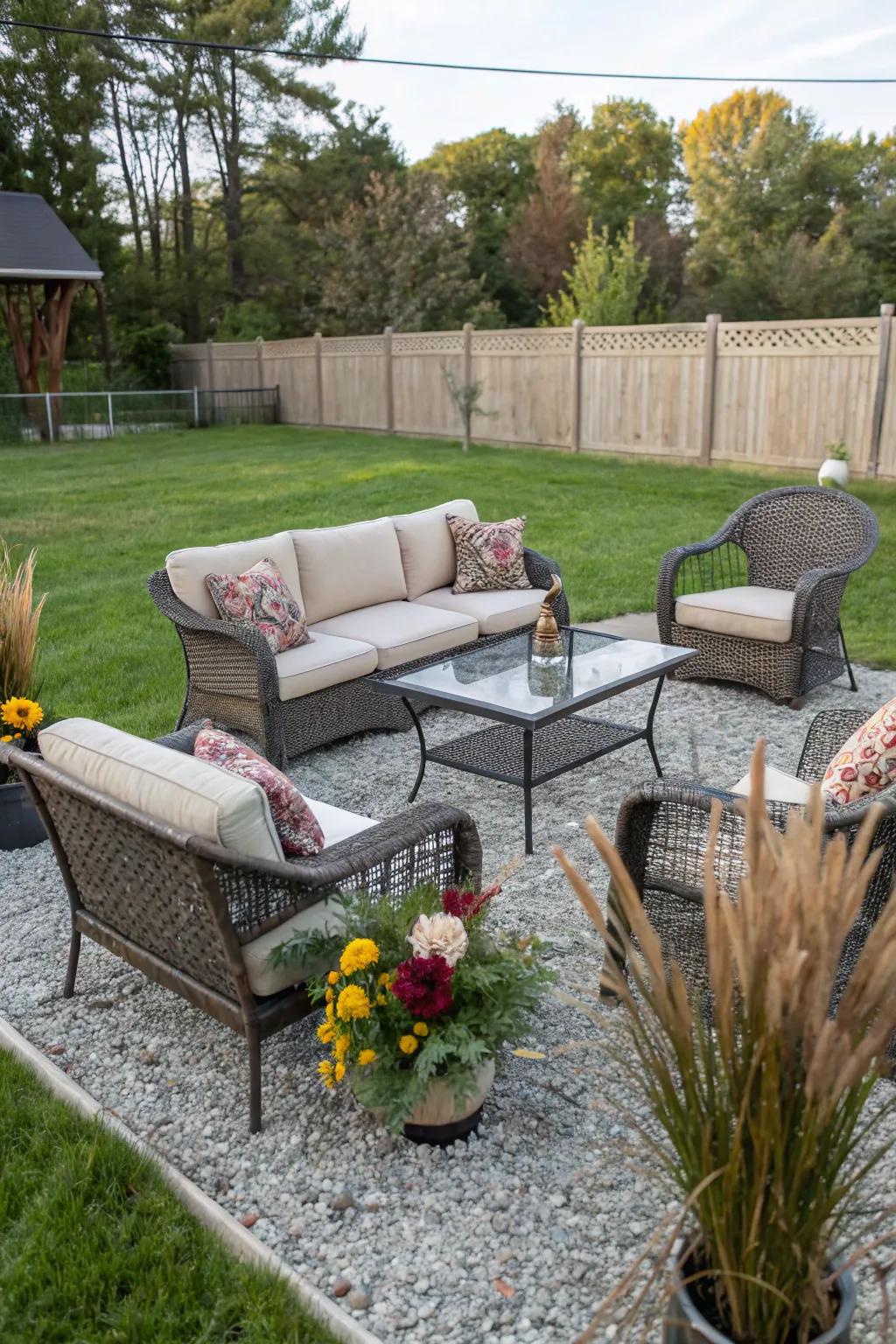 A gravel base provides rustic charm and stability