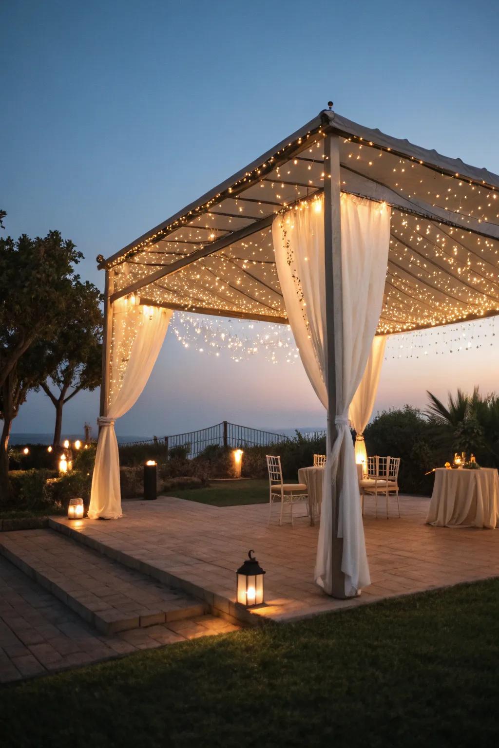 A canopy turned enchanting with twinkling fairy lights.