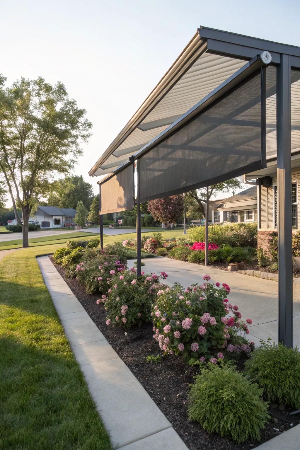 Retractable fabric screens offer versatile shade and privacy.