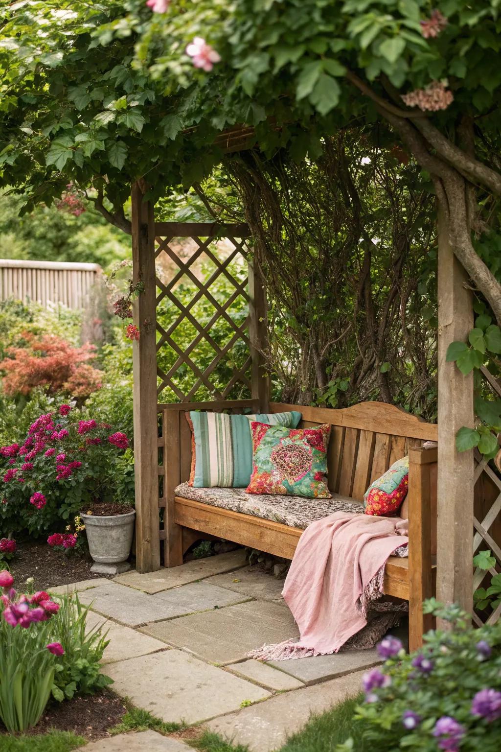 A cedar bench with decorative accents creates an inviting space.