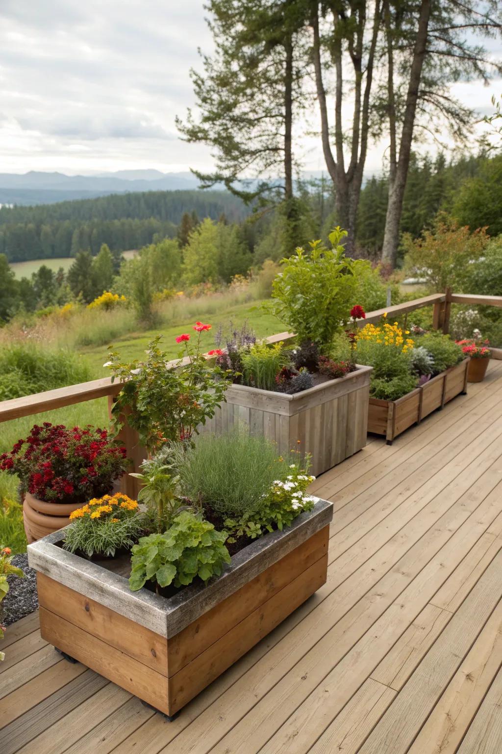 Planters add a burst of greenery to this cedar deck.