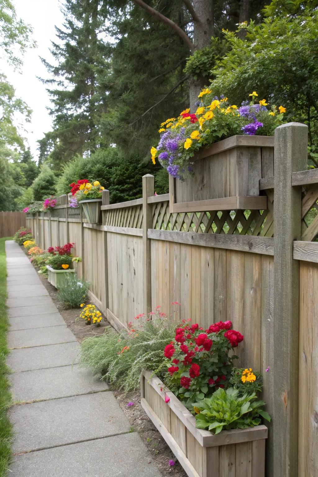 Cedar fence with garden planters for added beauty.