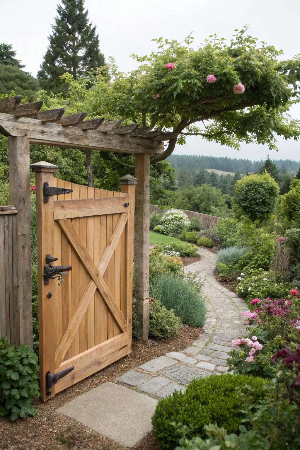 Natural finish cedar gate celebrating the wood's innate beauty.