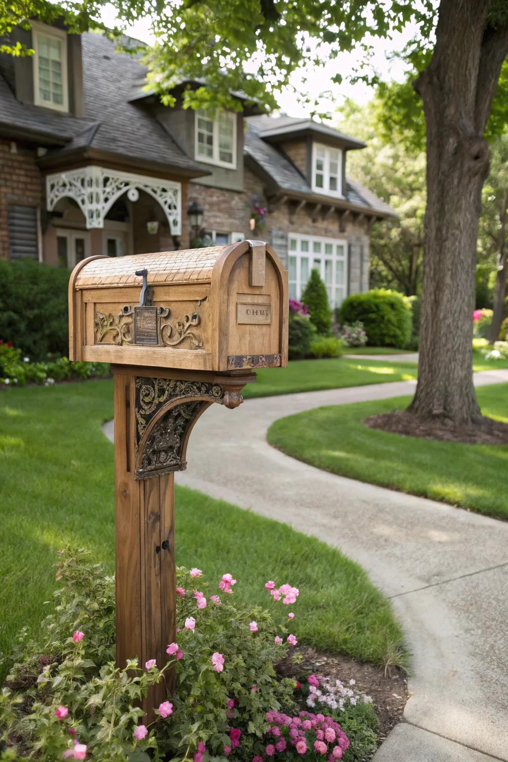 A cedar mailbox with decorative trim for added elegance.