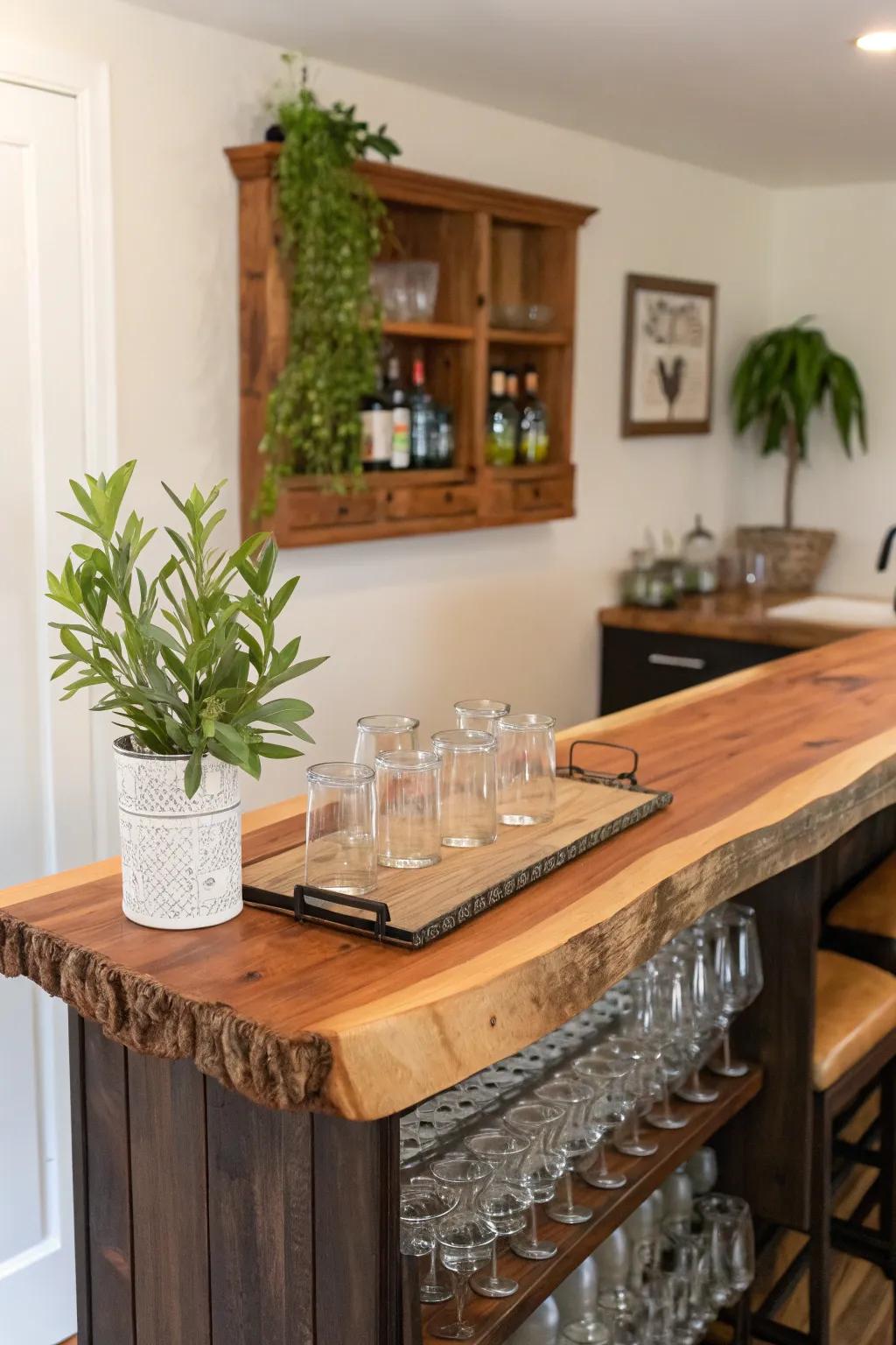 A rustic home bar with a cedar slab top.