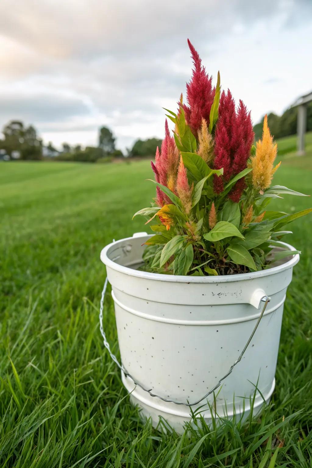 White buckets highlight the vivid colors of celosia.