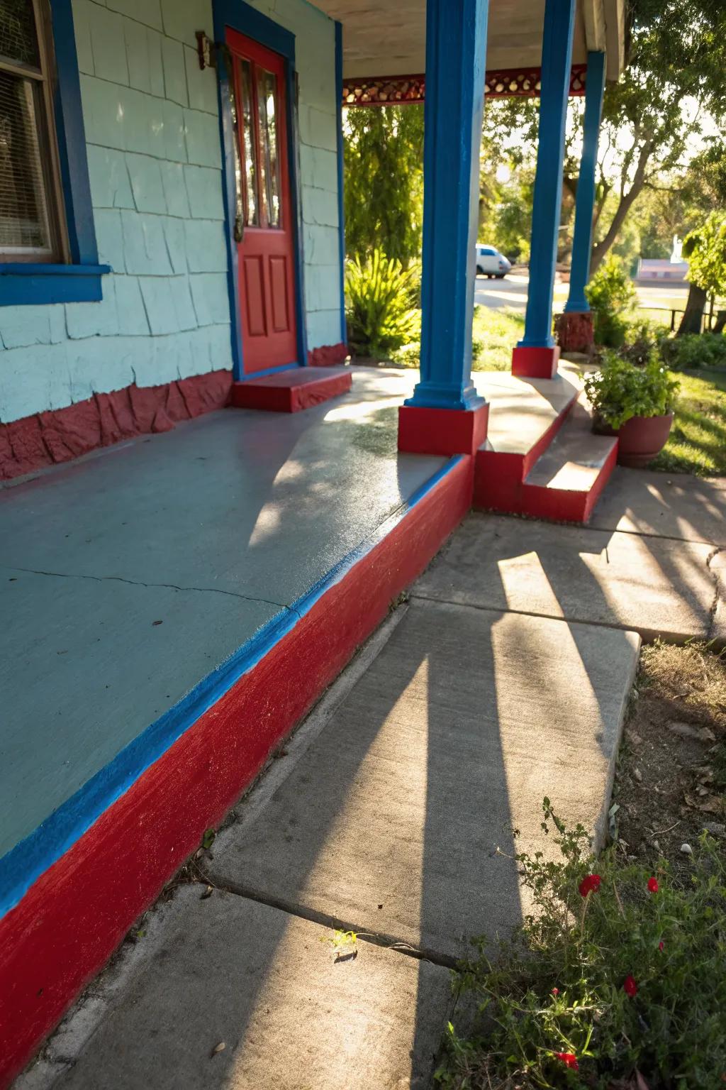 Bold contrasting colors enhance the appeal of a cement porch.