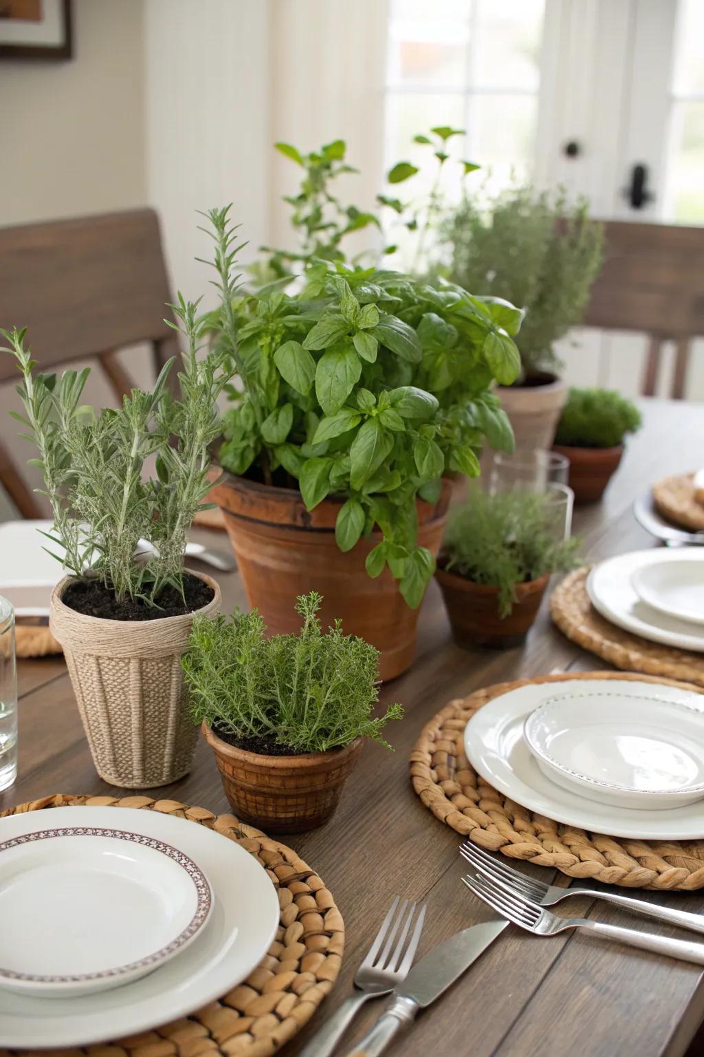 Potted herbs serve as both decor and garnish.
